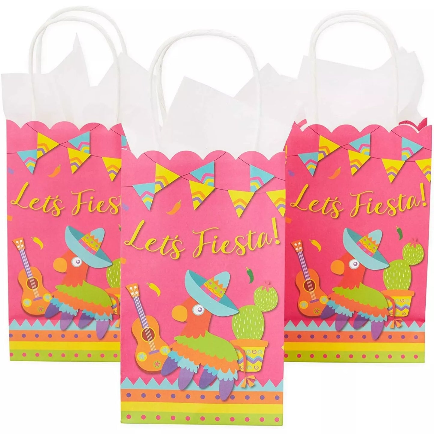 24x Let's Fiesta Paper Gift Bags for Cinco de Mayo Party, Hot Pink, 9 x 5.3 inch