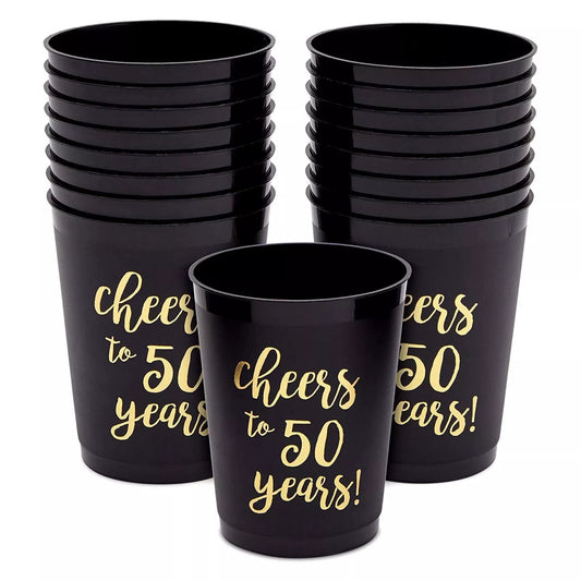 16 Pack Plastic Party Cups for Cheers to 50 Years Birthday Supplies, Black, 16oz