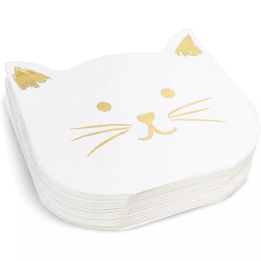 50 Pack White Paper Napkins with Gold Foil, Cat Party Supplies, 6.5x6.5"