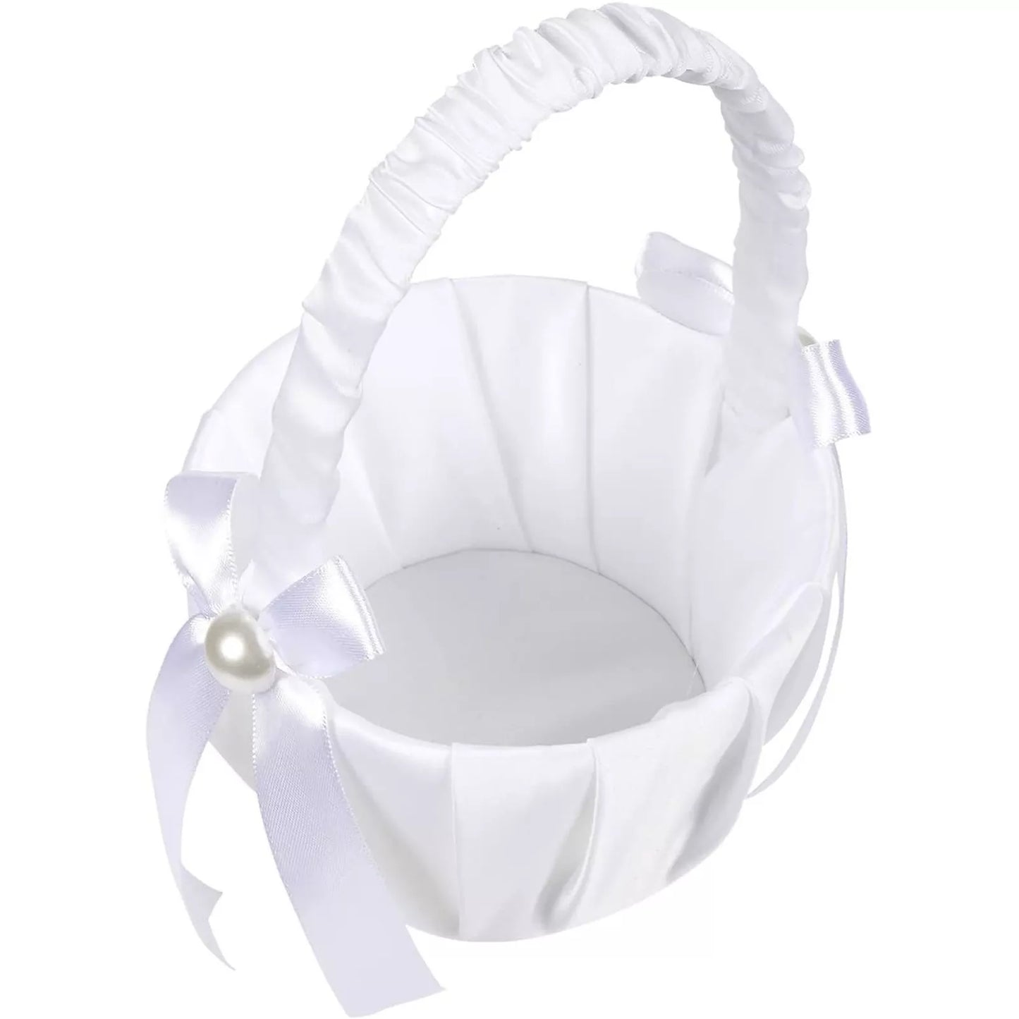 White Flower Girl Satin Bow with Pearl Basket