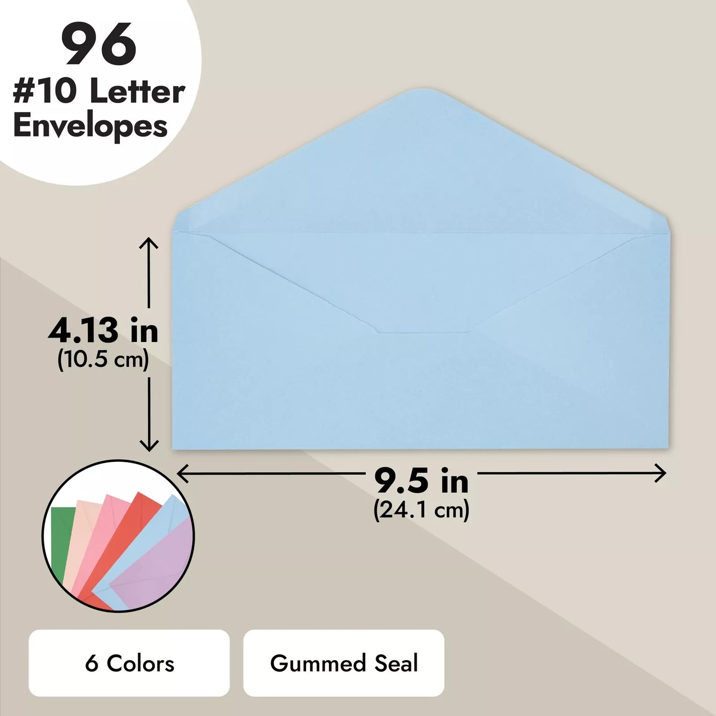 96-Pack #10 Colored Business Envelopes, Gummed Seal, 6 Colors