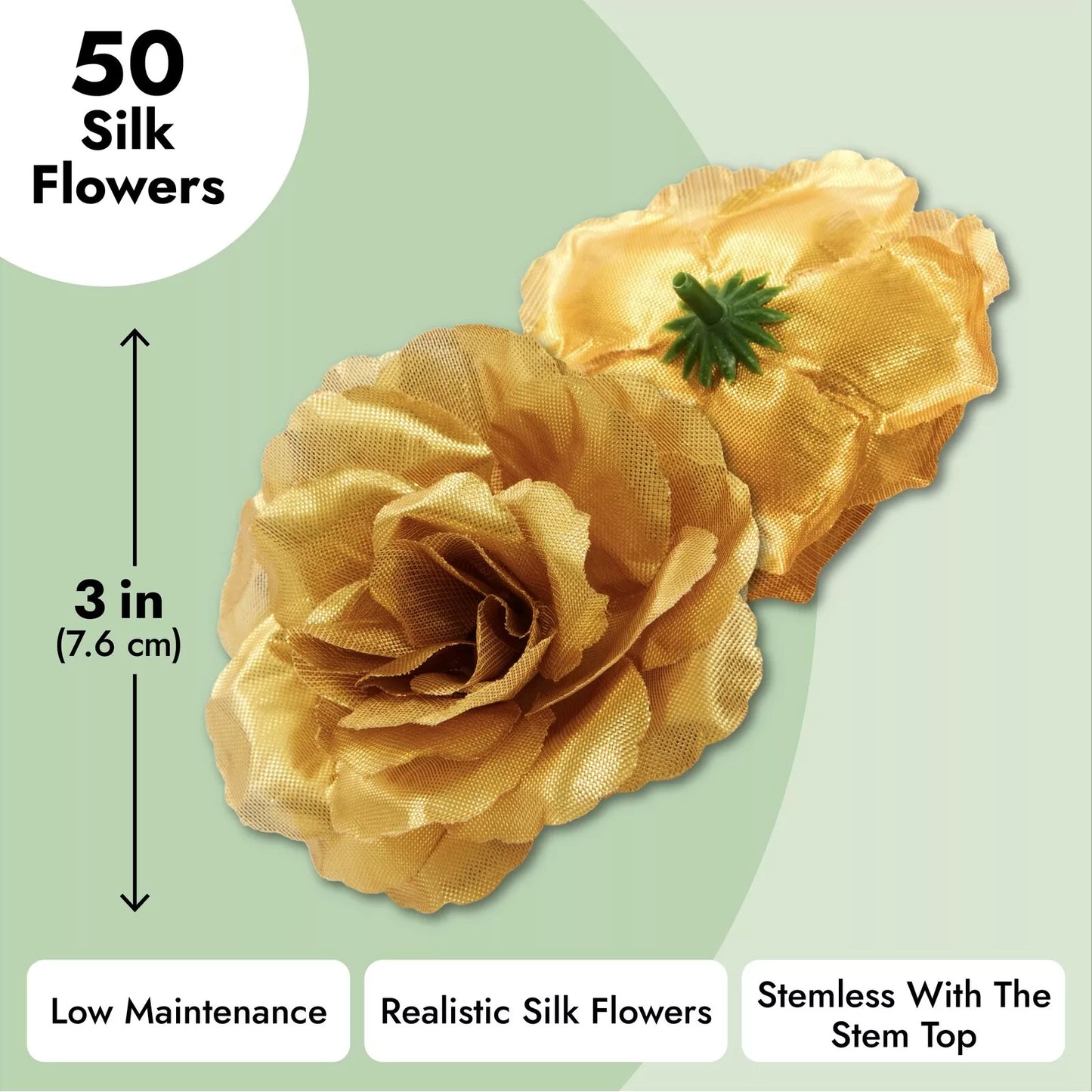 Bulk 50 Pack of Gold 3" Stemless Artificial Silk Roses