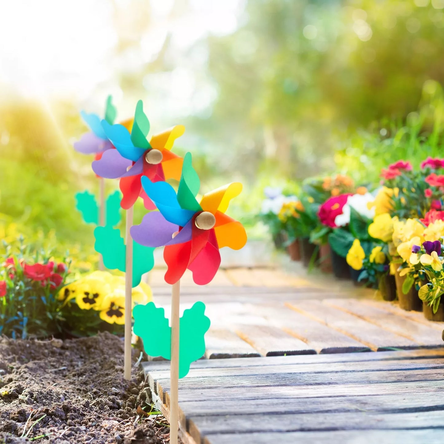 12-Pack Rainbow Flower Pinwheels