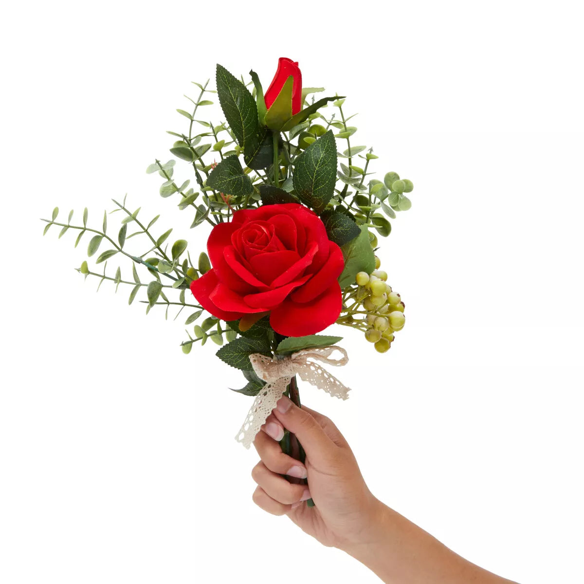 Red Rose & Eucalyptus Bouquet, Artificial Floral Arrangement