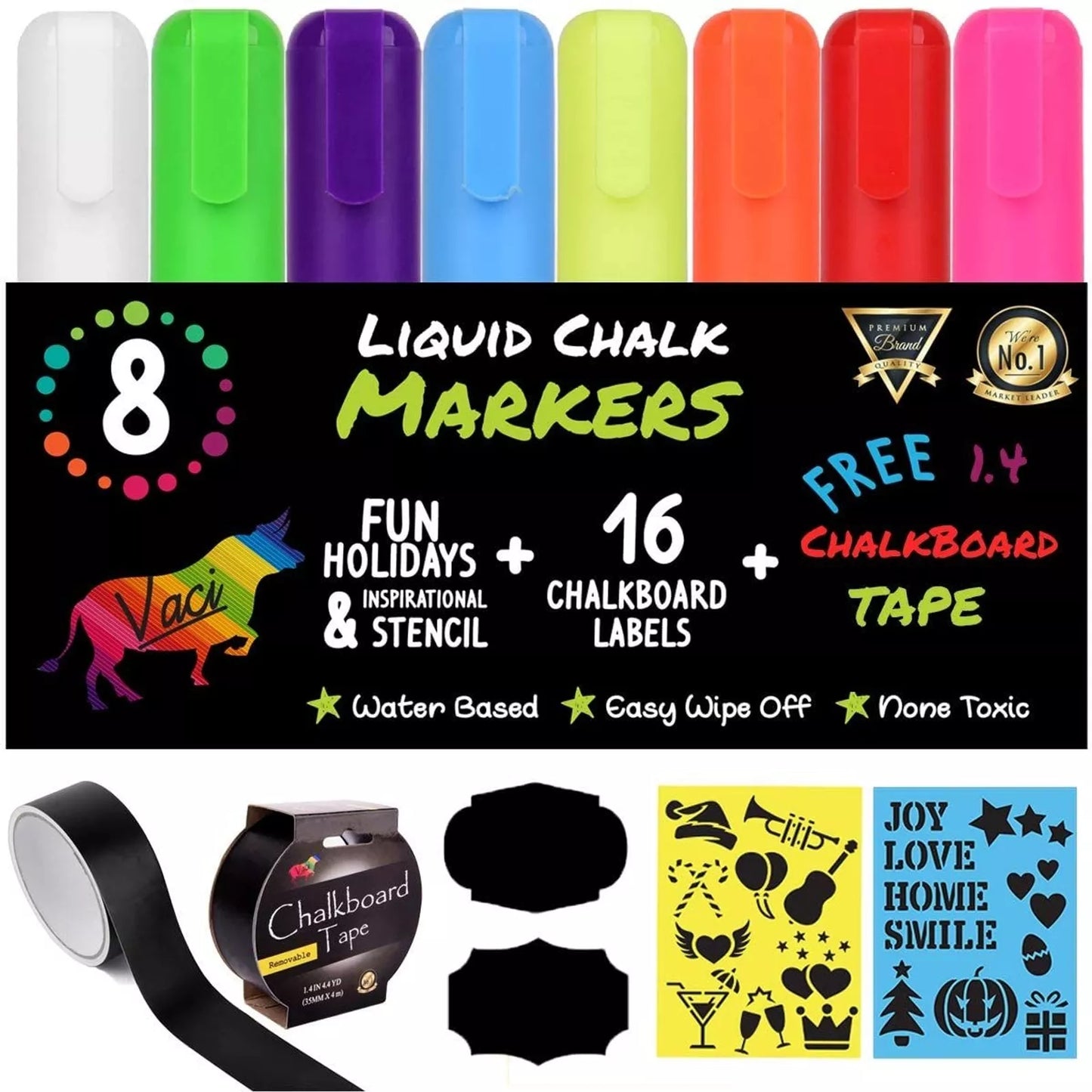 8-Pack Multicolored Liquid Chalk Markers + Chalkboard Tape