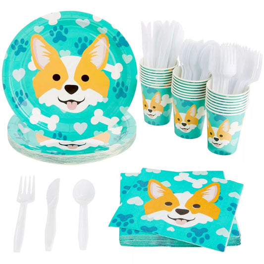 Serve 24 Dog Birthday Party Supplies Corgi Paw Puppy Dinnerware Plate Napkin Cup