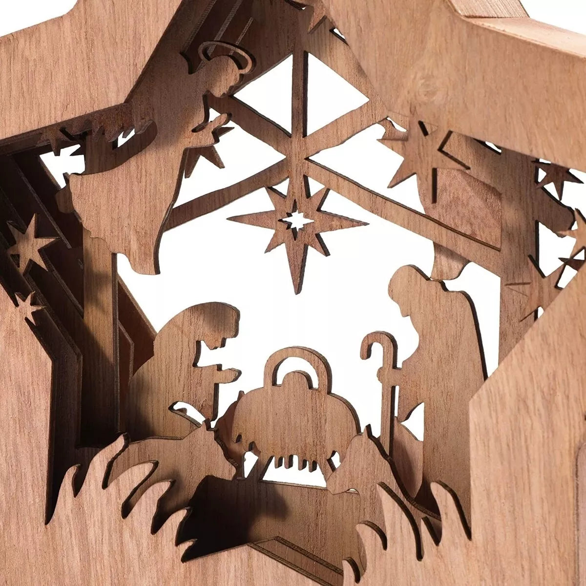 Rustic Wooden Star-Shaped Bible Nativity Scene Figurine Set