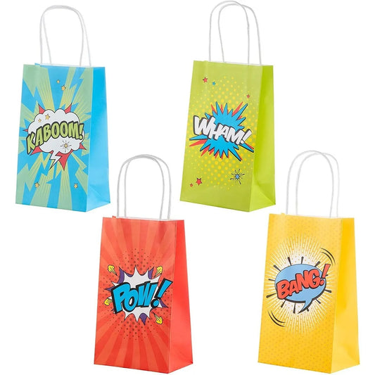 12 Pack Comic Book Hero Gift Bags for Kids' Birthday Party, 9x5"