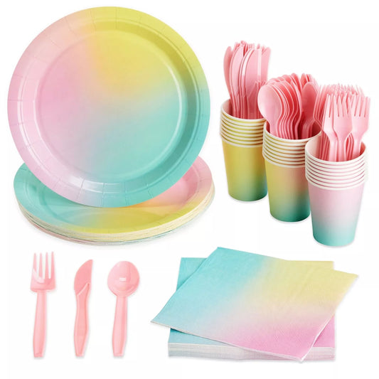 144 Piece Pastel Paper Plates and Napkins, Rainbow Dinnerware Set (Serves 24)