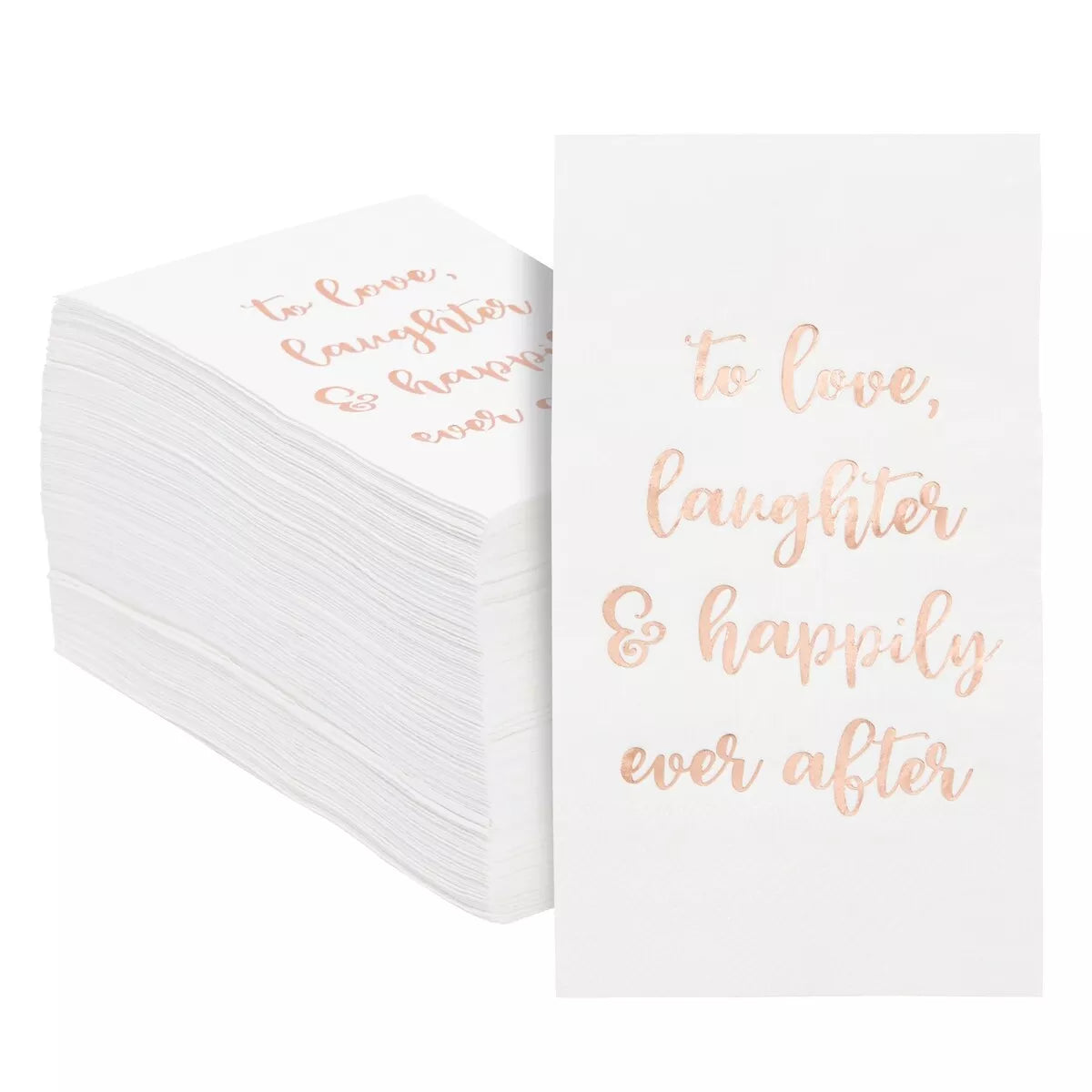 100 Wedding Napkins - "To Love, Laughter, Happily Ever After," White, 4 x 8 In