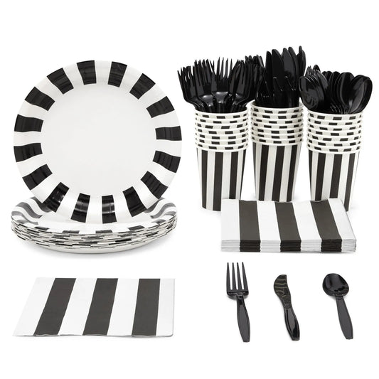 144Pc Striped Black and White Party Supplies with Plates, Napkins, Cups, Cutlery