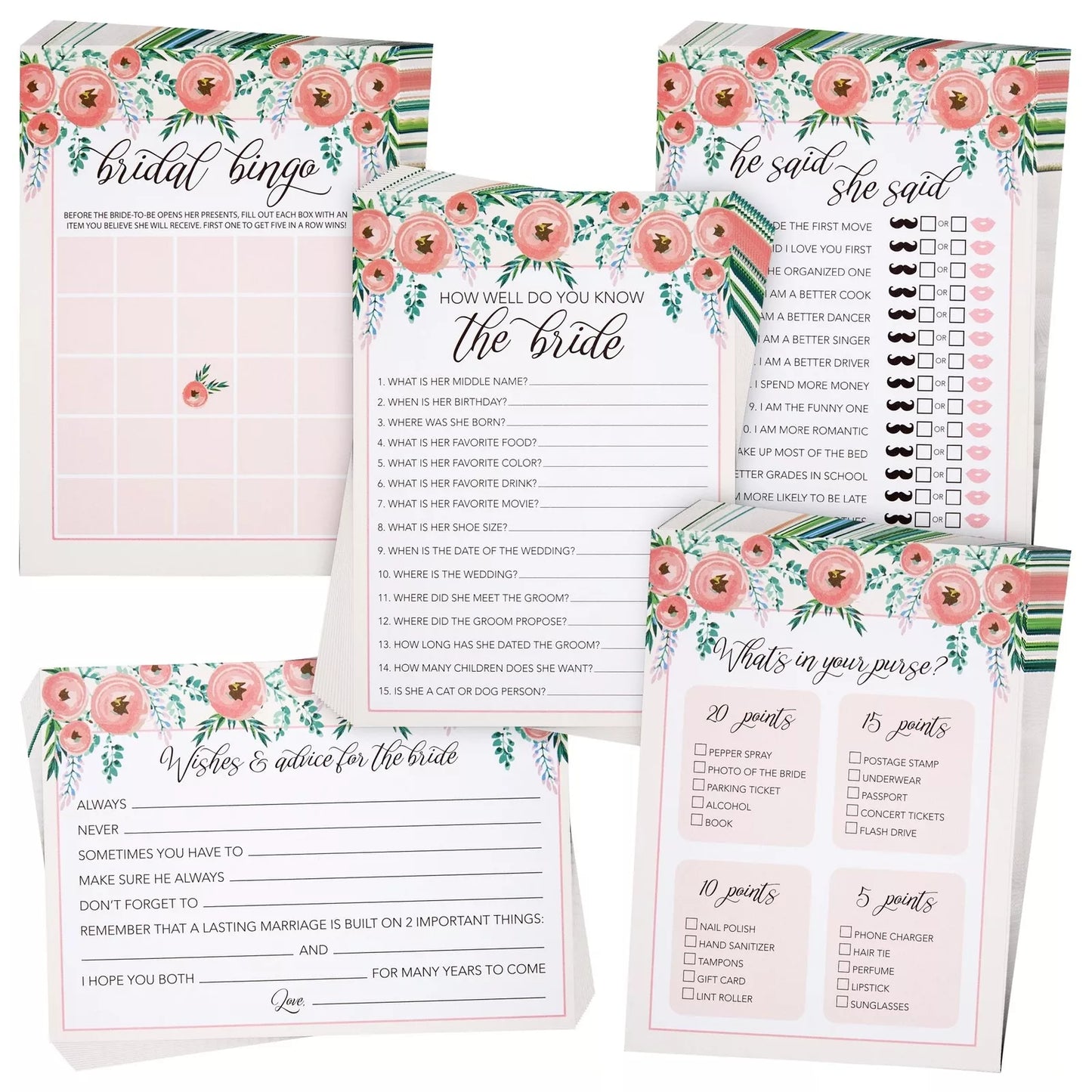 Set of 5 Pink Floral Bridal Shower Games for 50 Guests