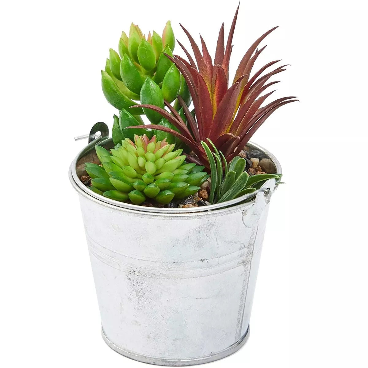 4 Artificial Colorful Succulents in Iron Buckets 6.5 Inch