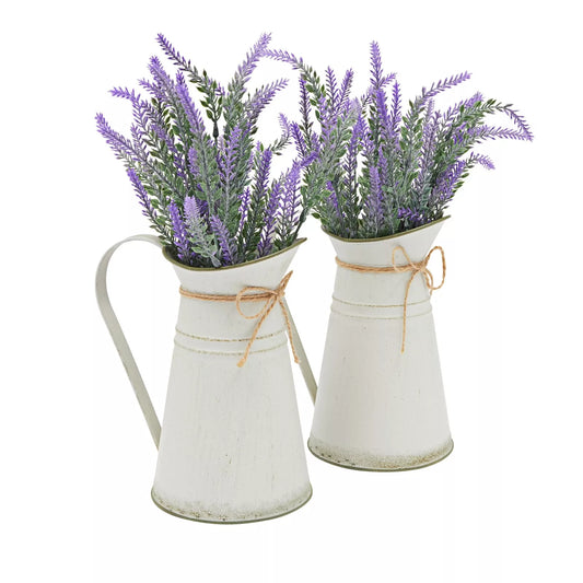 Set of 2 Artificial Lavender Flowers in Milk Jug Vase