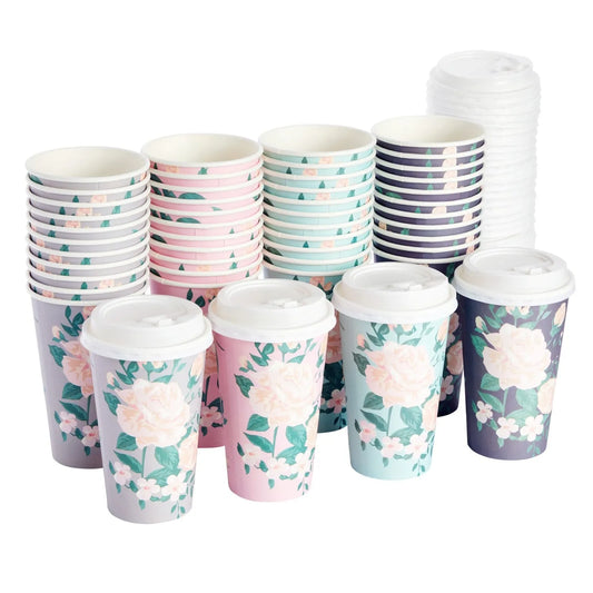 48 Pack Disposable 16 oz To Go Paper Coffee Cups with Lids, 4 Pastel Colors