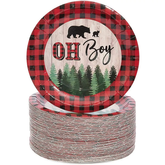 80Pcs Oh Boy Lumberjack Plaid Disposable Paper Plates 7" for Baby Shower Party