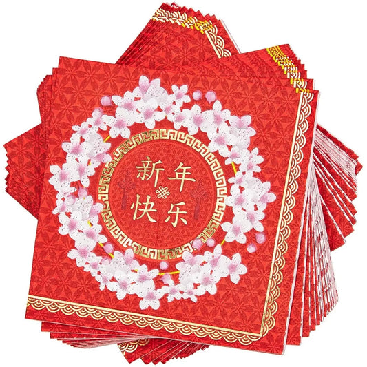 50x Chinese Lunar New Year Gold Foil Disposable Paper Napkins for Party 3-Ply 5"