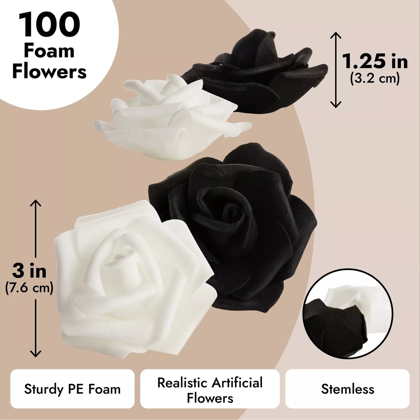 100-Pack Black & White Artificial Foam Roses