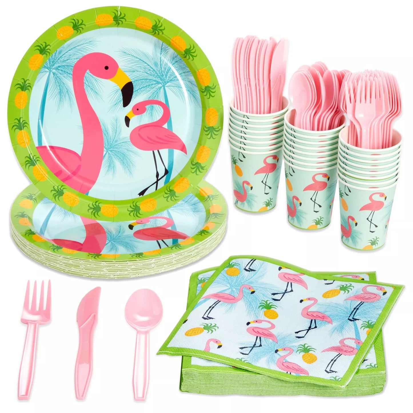 144-Piece Flamingo Birthday Party Supplies, Plates, Napkins, Cups, Cutlery