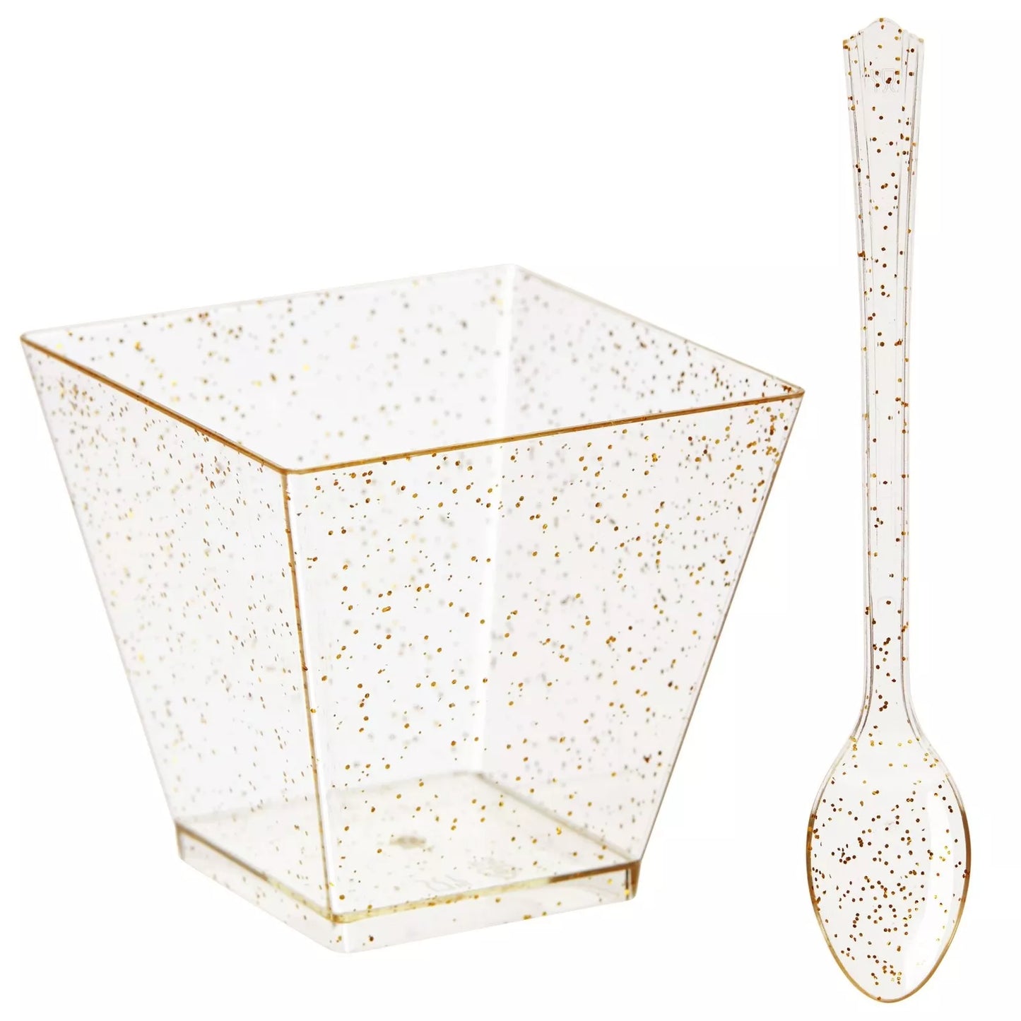 Gold Glitter Square Mini Plastic Dessert Cups with Spoons - 100 Pack, 2 oz