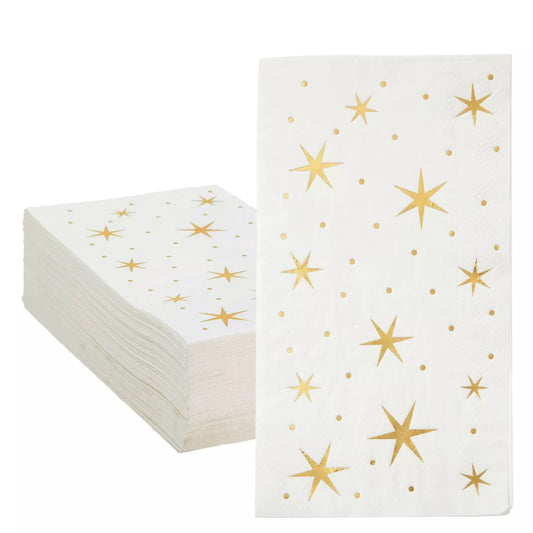 50 Pack Gold and White Dinner Napkins - Gold Foil Stars, 4 x 8 in