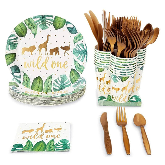 Serve 24 Wild One Safari Jungle Animal Disposable Dinnerware Set Party Supplies