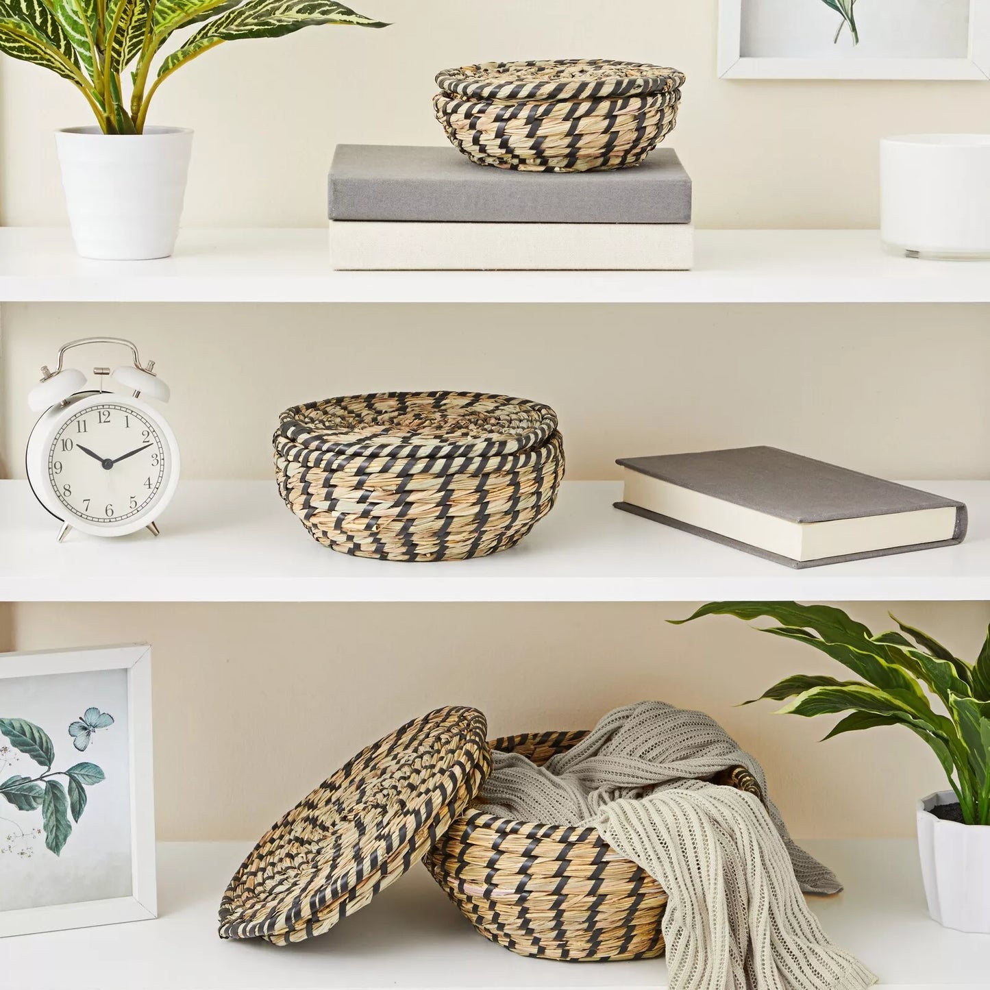 Decorative Seagrass Storage Baskets Round Woven, 3 Sizes