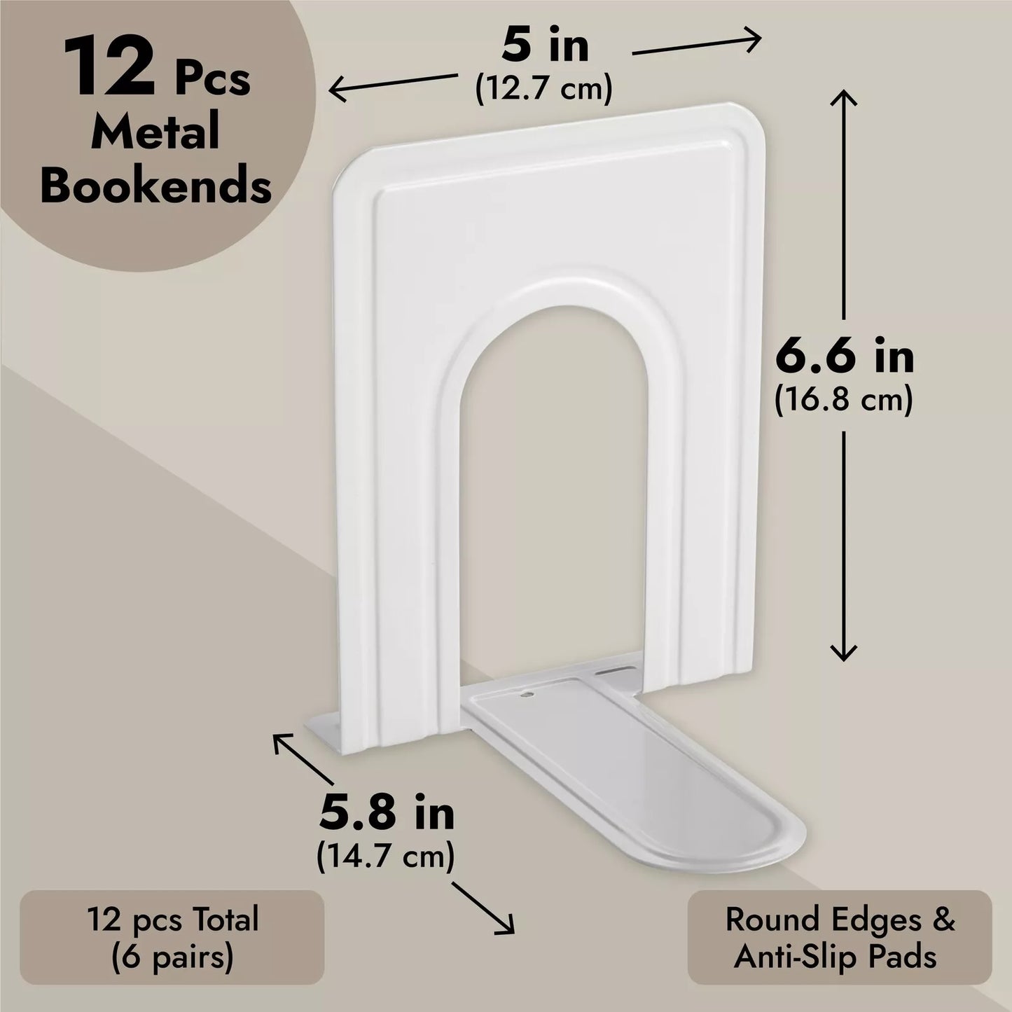 12-Pack White Metal Bookends for Shelves