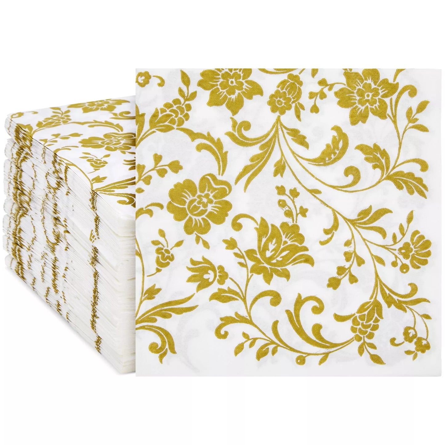 100 Pack 6.5" White and Gold Floral Paper Napkins, Wedding Party Supplies