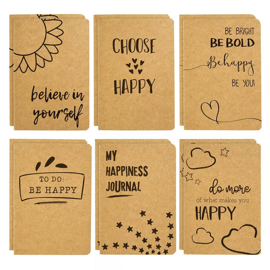 12 Pack A6 Kraft Happy-Themed Journals - 80 Lined Pages, 4 x 5.75 in, Brown