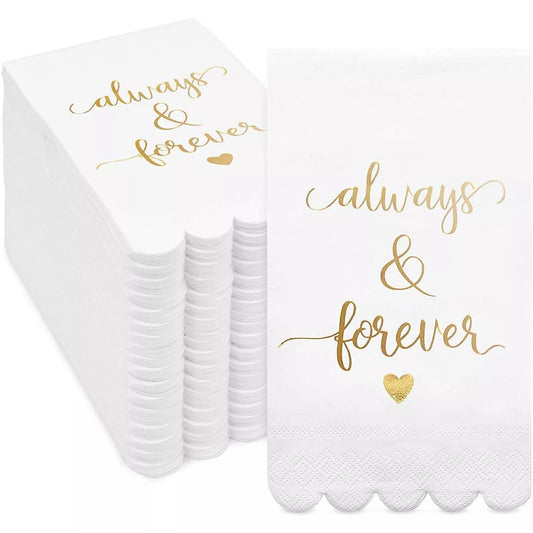 100 Pack White Wedding Napkins with Gold Scalloped Edges, 4x8"