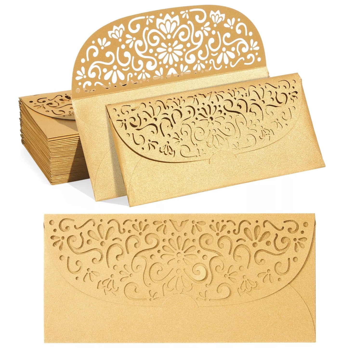 36-Pack Gold Money Envelopes - Laser Cut Holders, 6.8x3.3 Inches