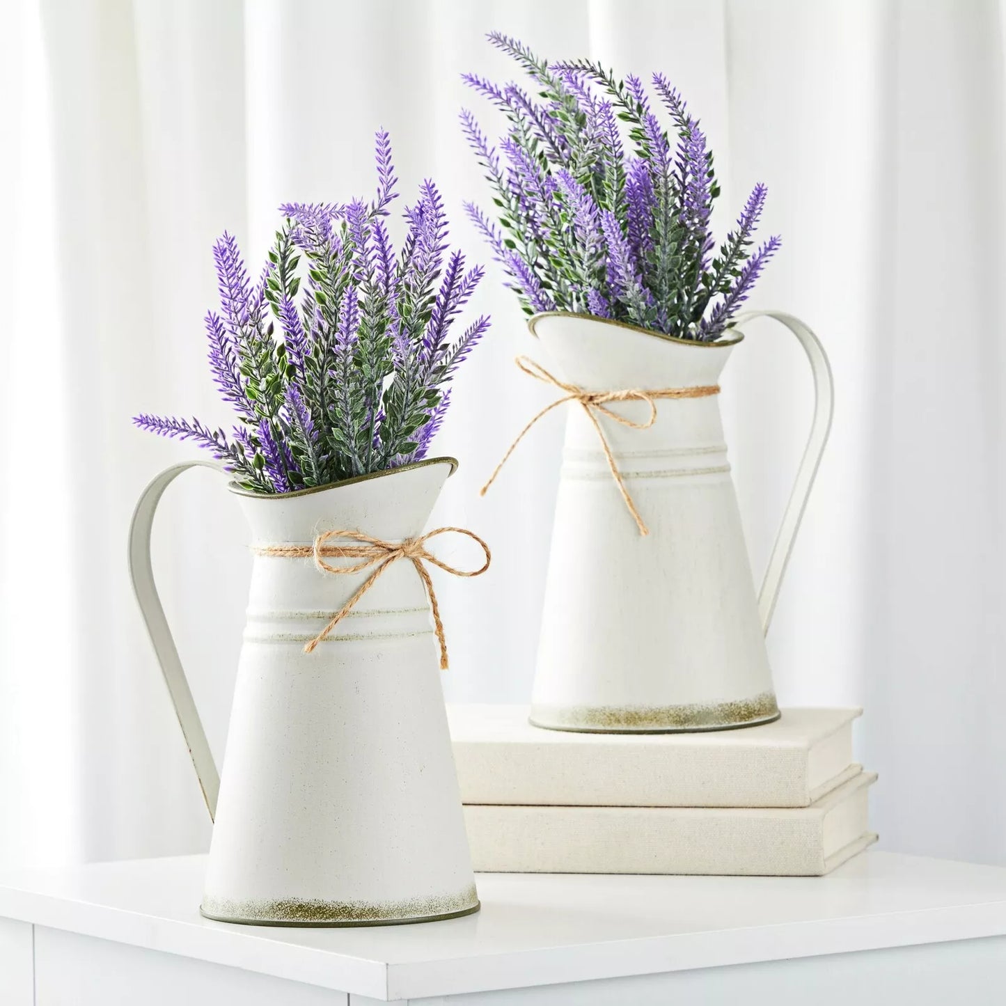 Set of 2 Artificial Lavender Flowers in Milk Jug Vase