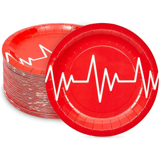 80 Pack Red Heartbeat Design Paper Plates - 7"