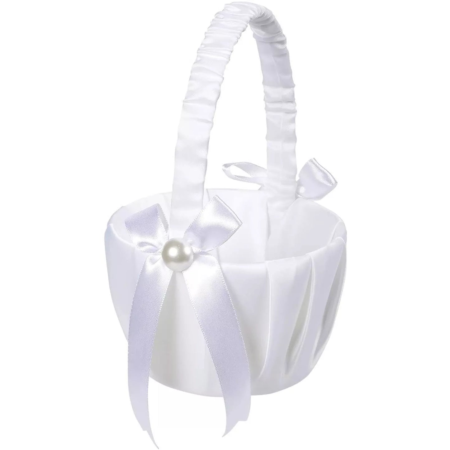 White Flower Girl Satin Bow with Pearl Basket