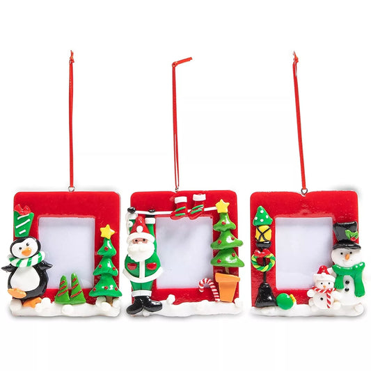 3 Christmas Tree Decorations Snowman Photo Frame Ornaments