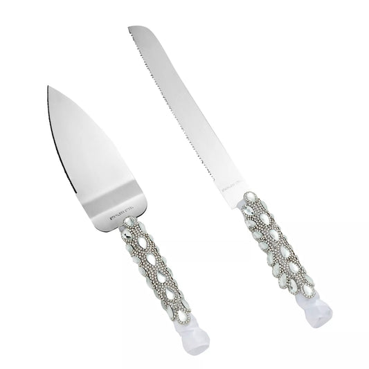 Silver Cake Cutting Set - Knife and Server with Crystals and Ribbon