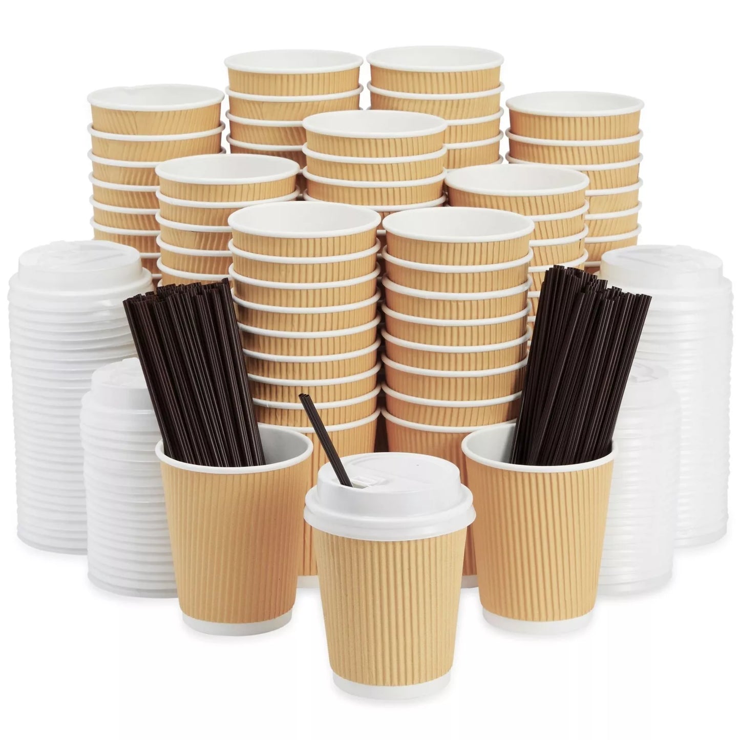 100 Pack Insulated Disposable Coffee Cups with Lids and Stirring Straws, 8 oz