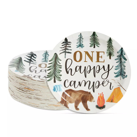 80 Pack Camping Party Plates for One Happy Camper Birthday Decorations, 9 In