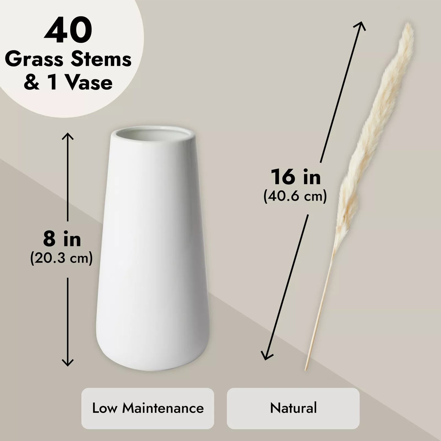 40x Natural Dried Pampas Grass with White Ceramic Vase