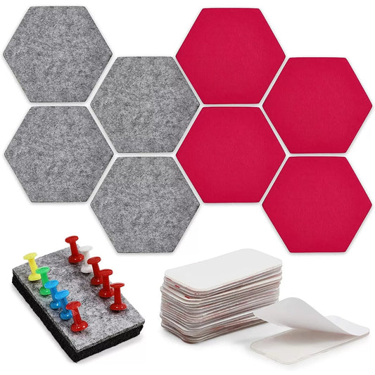 8 Felt Hexagon Bulletin Boards with 10 Push Pins and 20 Adhesives