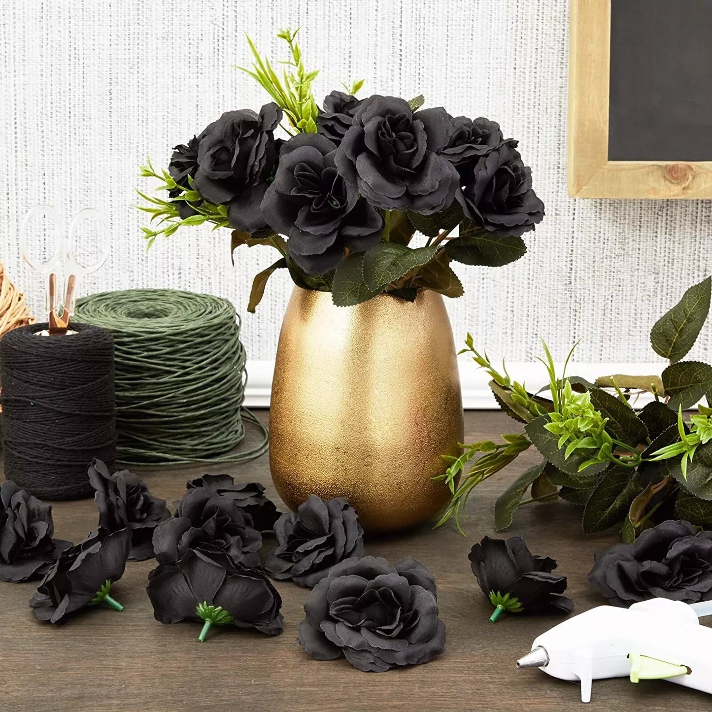 50 Pack Black Silk Roses 3" Stemless Artificial Flowers