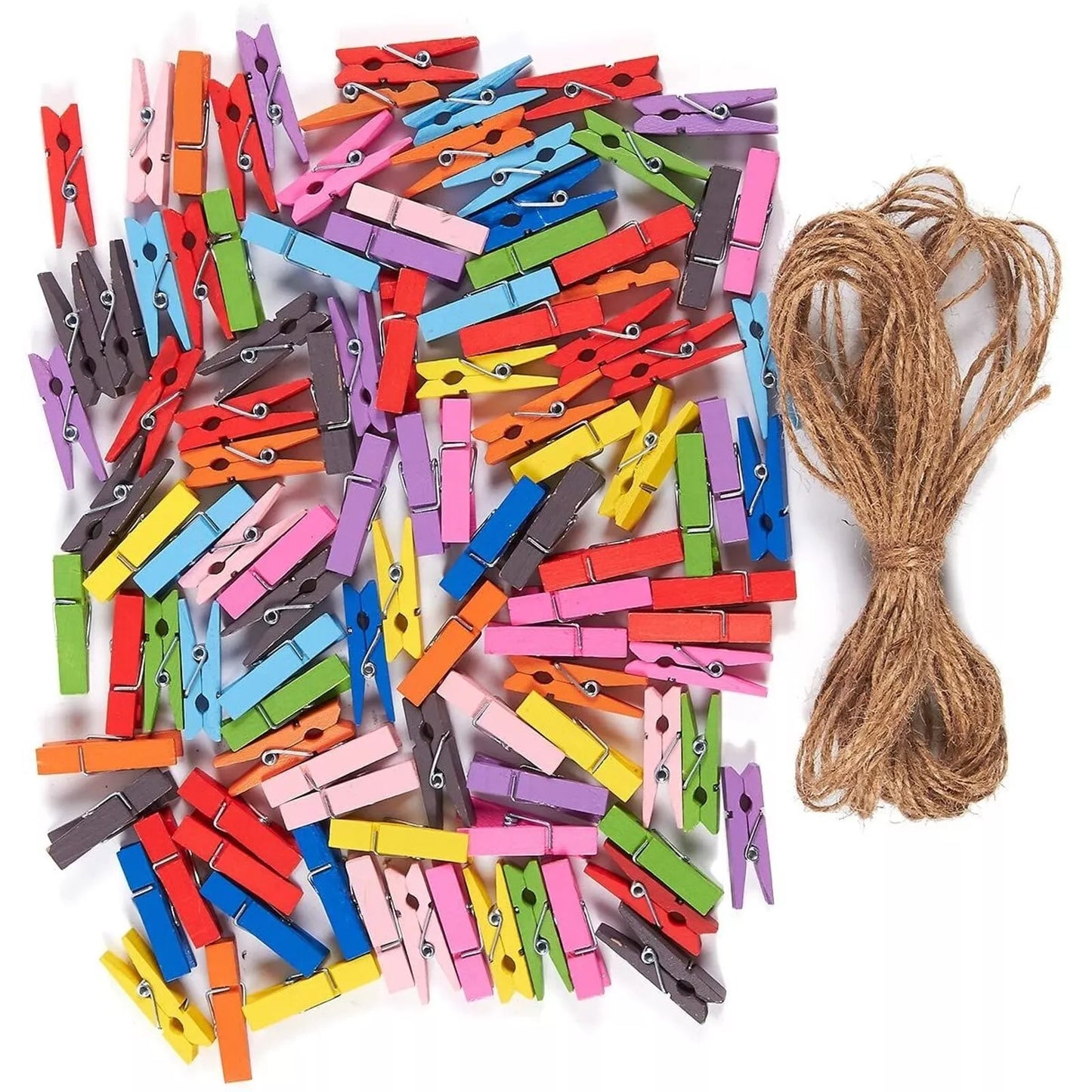 100-Pack Mini Wooden Clothes Pins with Jute Twine