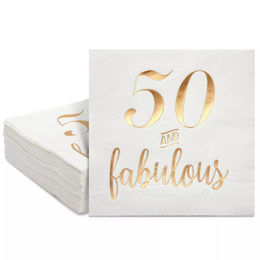 50 Pack White 50th Birthday Napkins, Gold Foil 50 and Fabulous Party, 5x5 In