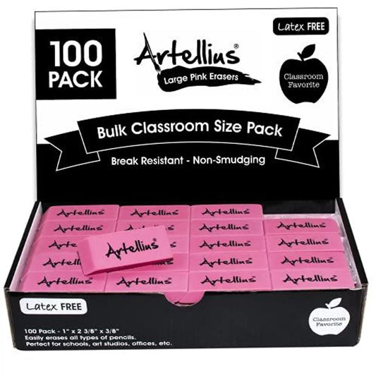 Pink Erasers Pack of 100 - Large Size, Latex & Smudge Free