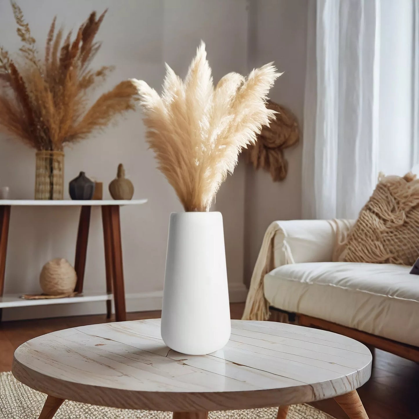 40x Natural Dried Pampas Grass with White Ceramic Vase