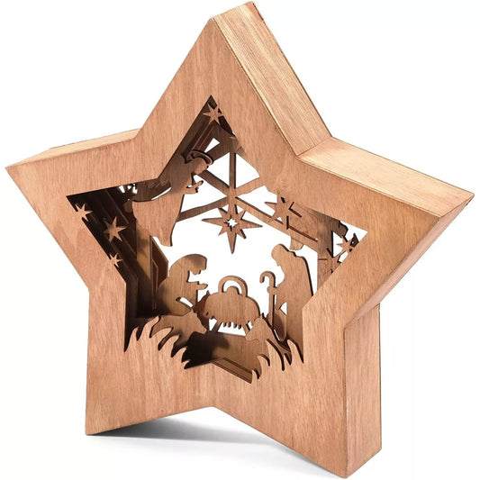 Rustic Wooden Star-Shaped Bible Nativity Scene Figurine Set