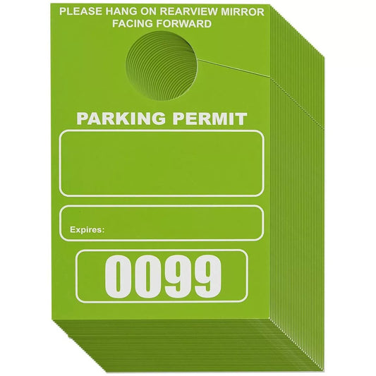 100 Temporary Parking Pass Hang Tags - Numbered 0001-0100, Green