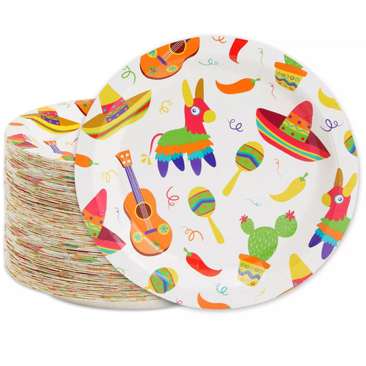 80-Pack Fiesta Design Paper Plates, Cinco de Mayo, Fiesta Party Decorations, 9in