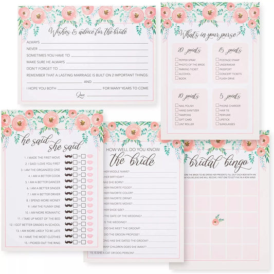 Set of 5 Pink Floral Bridal Shower Games for 50 Guests